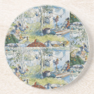 Vintage Carl Larsson Cray Fishing With The Family Coaster