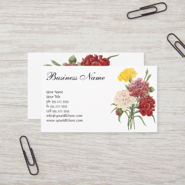 Vintage Carnations Dianthus Garden Flowers Redoute Business Card (Front/Back In Situ)