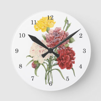 Vintage Carnations Dianthus Garden Flowers Redoute Round Clock