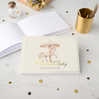Vintage Carousel Gold Foil Welcome Baby Shower Guest Book