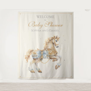 Vintage Carousel Horse Blue Baby Shower Welcome Tapestry