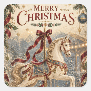 Vintage Carousel Horse Christmas , Elegant Holiday Square Sticker