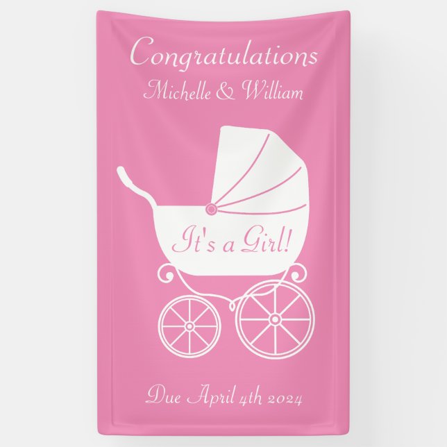 Vintage Carriage Baby Shower Cute Pink Girl Banner (Vertical)