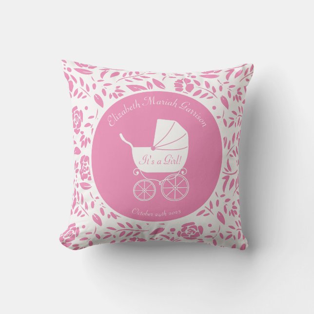 Vintage Carriage Baby Shower Cute Pink Girl Cushion (Front)