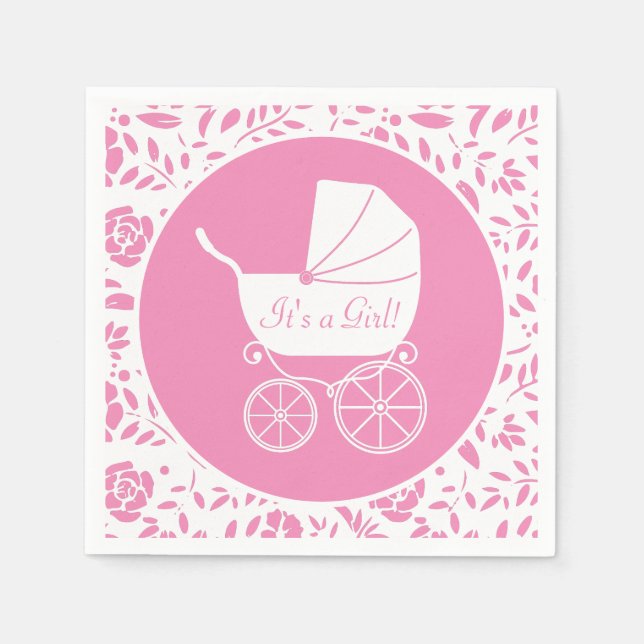 Vintage Carriage Baby Shower Cute Pink Girl Napkin (Front)