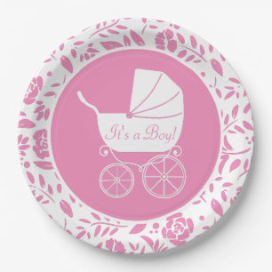 Vintage Carriage Baby Shower Cute Pink Girl Paper Plate