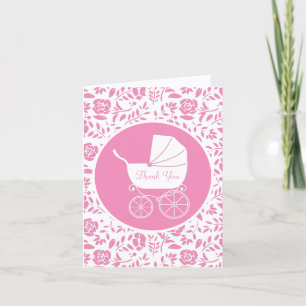 Vintage Carriage Baby Shower Cute Pink Girl Thank You Card