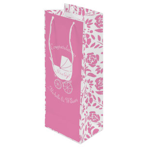 Vintage Carriage Baby Shower Cute Pink Girl Wine Gift Bag