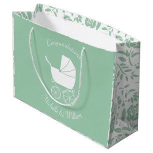 Vintage Carriage Baby Shower Green Gender Neutral Large Gift Bag