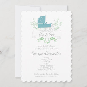 vintage carriage boy or girl SIP & SEE blue pram Invitation