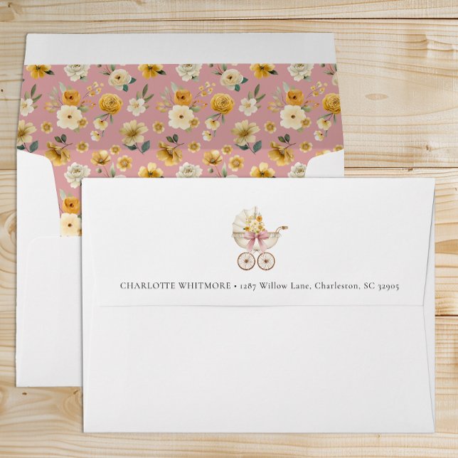 Vintage Carriage Envelope with Floral Liner (Vintage Pram Floral Baby Shower Envelope
 )