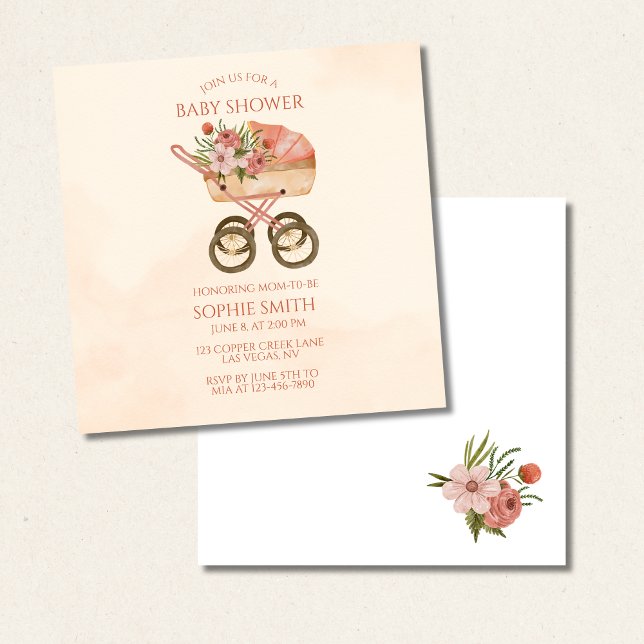 Vintage Carriage Floral Baby Shower Square Invitation (Creator Uploaded)