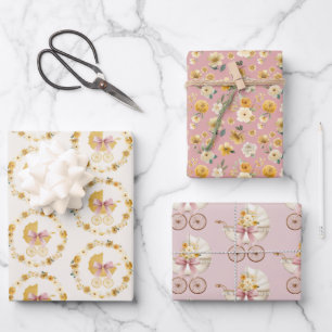 Vintage Carriage Floral Pink Baby Shower Wrapping Paper Sheet