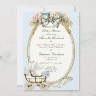 Vintage Carriage Ivory Blue Gold Roses Gingham Invitation