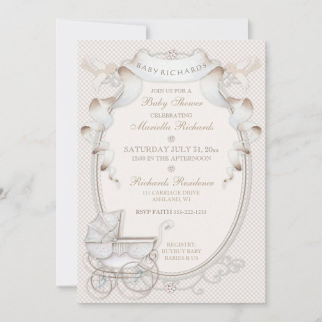 Vintage Carriage Ivory Creme Gingham Birds Invitation (Front)