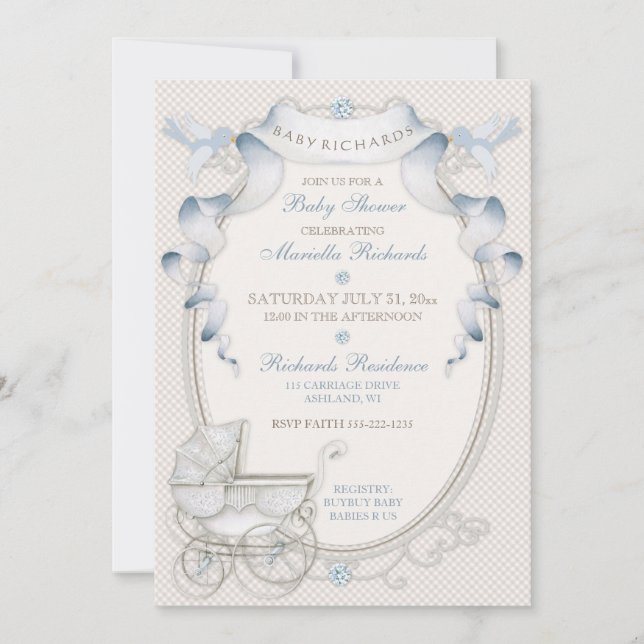 Vintage Carriage Ivory Gingham Blue Birds Invitation (Front)