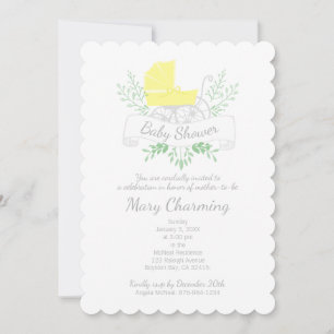 vintage carriage neutral BABY SHOWER yellow pram Invitation