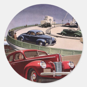 Vintage Cars, Classic Sedans Road Trip on Freeway Classic Round Sticker