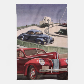 Vintage Cars, Classic Sedans Road Trip on Freeway Tea Towel