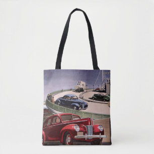Vintage Cars, Classic Sedans Road Trip on Freeway Tote Bag