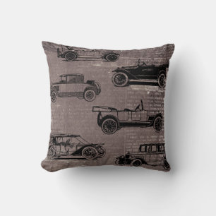 Vintage cars on taupe brick and newspaper print cushion