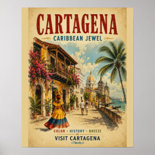 Vintage Cartagena Travel Poster Illustration, Colo
