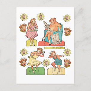 Vintage cartoon Cow Bull Family Paper Doll Cut Out Postcard
