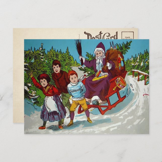 Vintage Cartoon Santa with Birch Sticks Postcard (Front/Back)