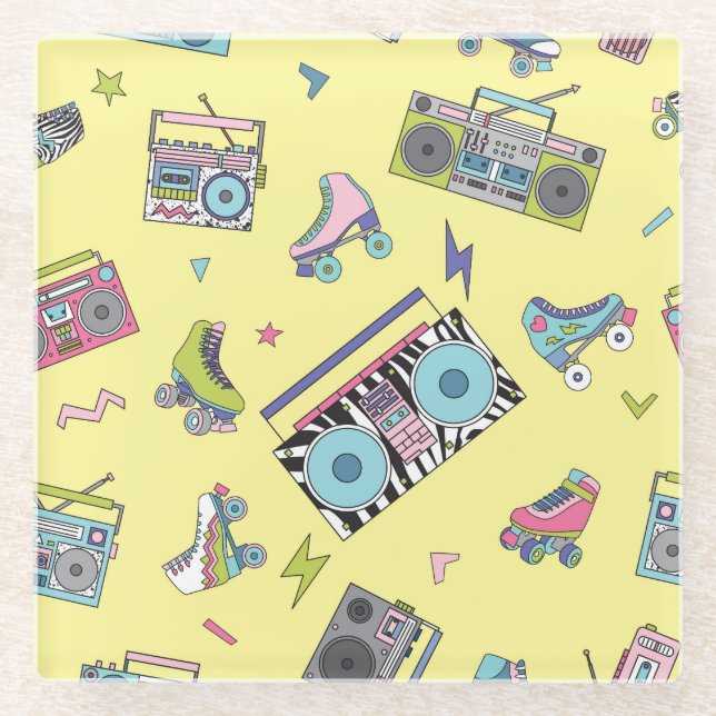 Vintage cassette, roller skates: retro glass coaster (Front)