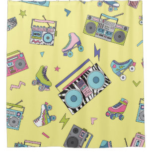 Vintage cassette, roller skates: retro shower curtain