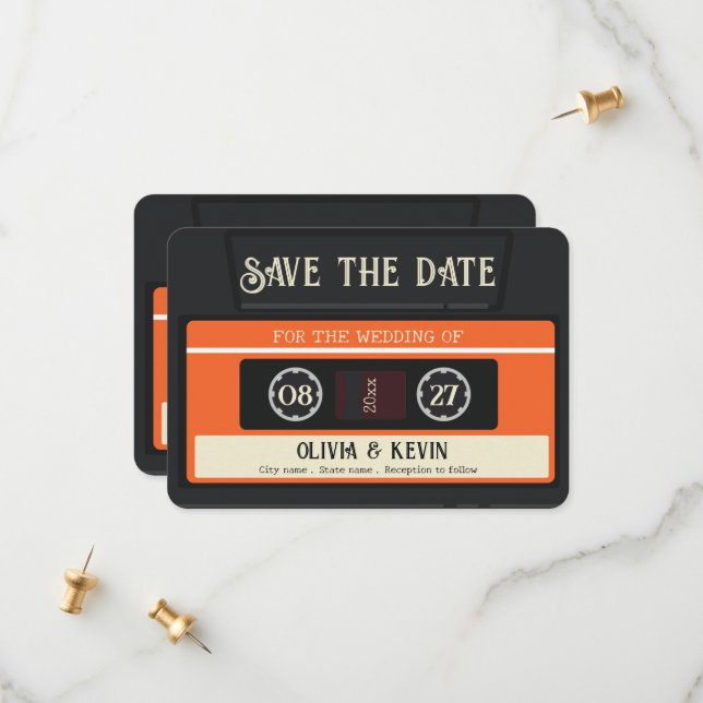 Vintage cassette tape wedding  save the date (Front/Back In Situ)