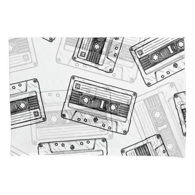 Vintage Cassettes: Engraved White Pattern. Pillowcase (Front)