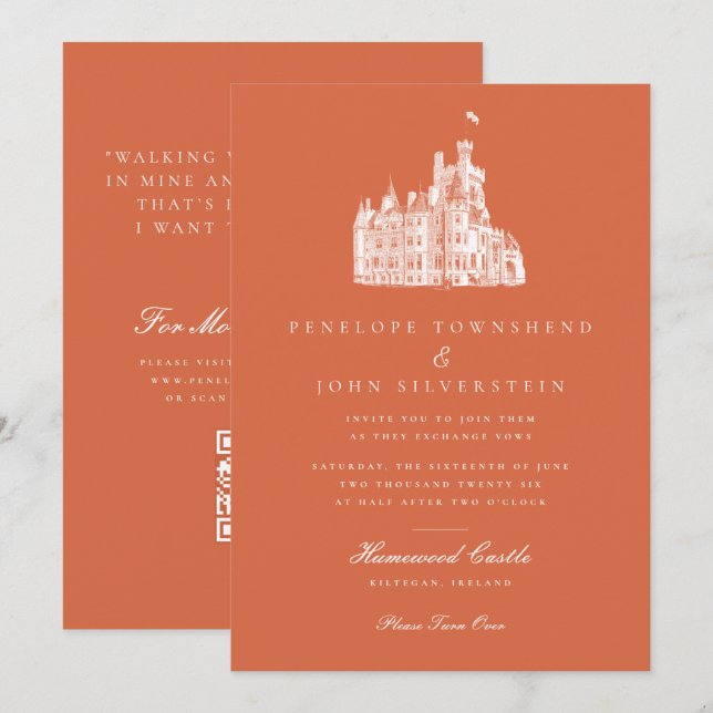 Vintage Castle Drawing Terracotta QR Code Wedding Invitation (Front/Back)