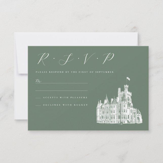 Vintage Castle Illustration Sage Green Wedding RSVP Card (Front)