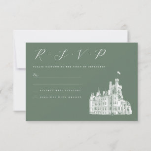 Vintage Castle Illustration Sage Green Wedding RSVP Card