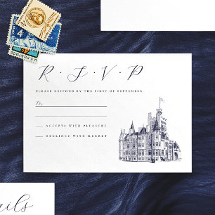 Vintage Castle Venue Illustration Wedding RSVP Card