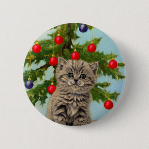 Vintage Cat and Christmas Tree 6 Cm Round Badge