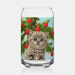 Vintage Cat and Christmas Tree Can Glass