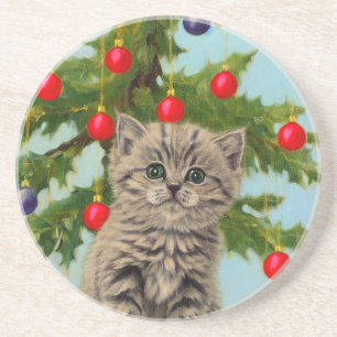Vintage Cat and Christmas Tree Coaster