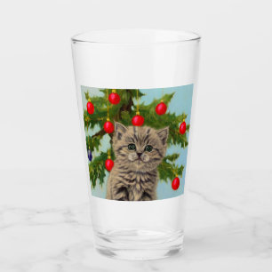 Vintage Cat and Christmas Tree Glass