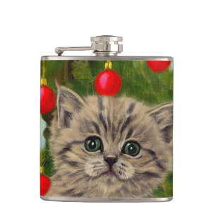 Vintage Cat and Christmas Tree Hip Flask