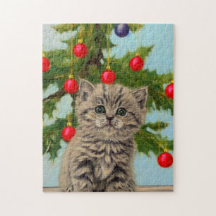 Vintage Cat and Christmas Tree Jigsaw Puzzle