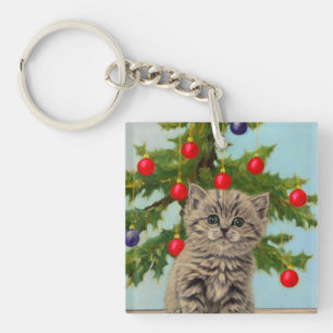 Vintage Cat and Christmas Tree Key Ring