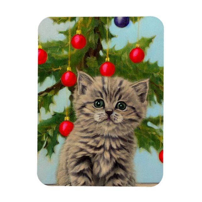 Vintage Cat and Christmas Tree Magnet (Vertical)