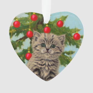 Vintage Cat and Christmas Tree Ornament