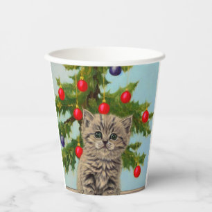 Vintage Cat and Christmas Tree Paper Cups