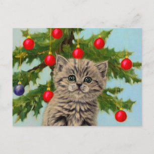 Vintage Cat and Christmas Tree Postcard