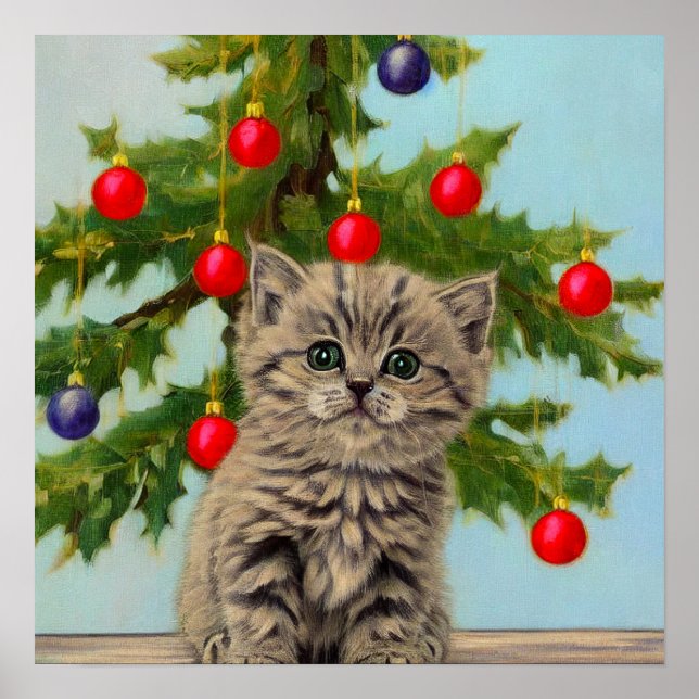 Vintage Cat and Christmas Tree Poster (Front)