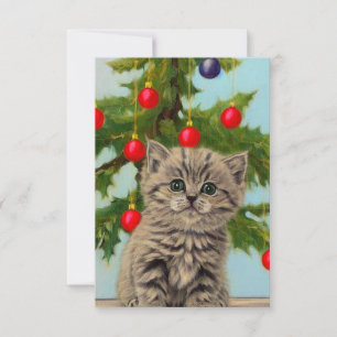 Vintage Cat and Christmas Tree Thank You Card
