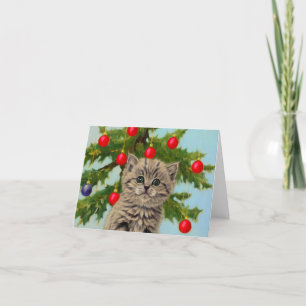 Vintage Cat and Christmas Tree Thank You Card